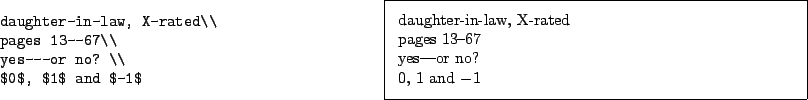 \begin{example}
daughter-in-law, X-rated\\
pages 13--67\\
yes---or no? \\
$0$, $1$\ and $-1$\end{example}